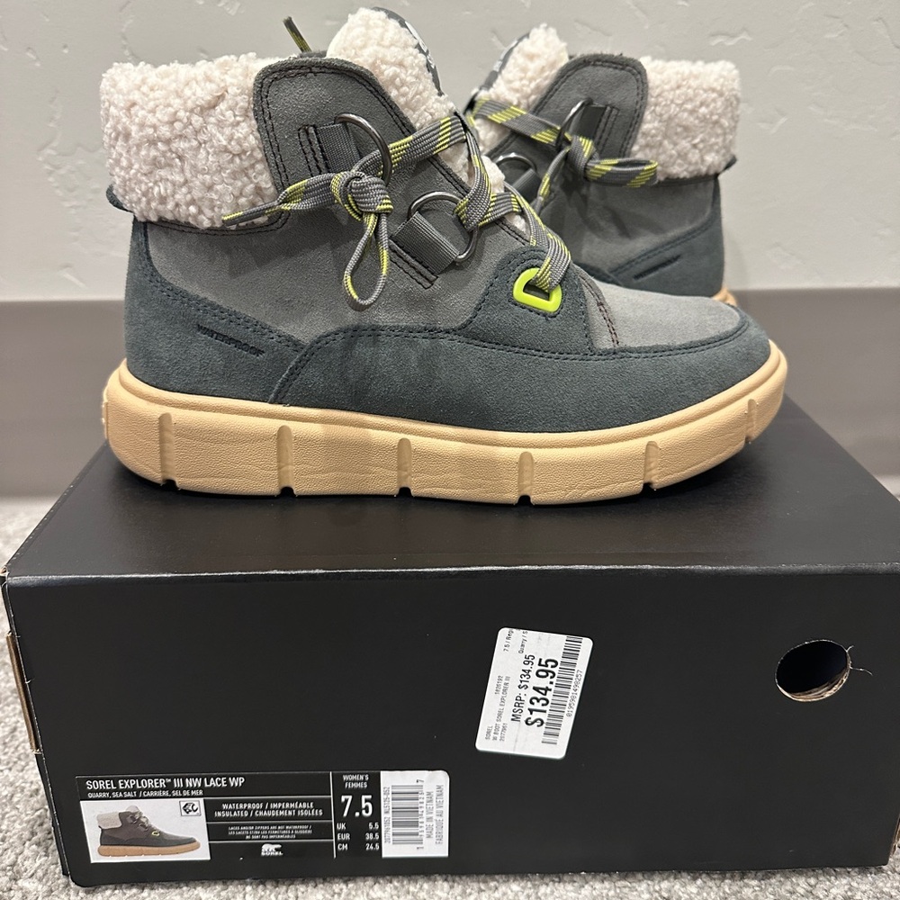 Sorel Women’s Explorer™ lII NW Lace Sherpa Boots Quarry, Sea Salt 7.5